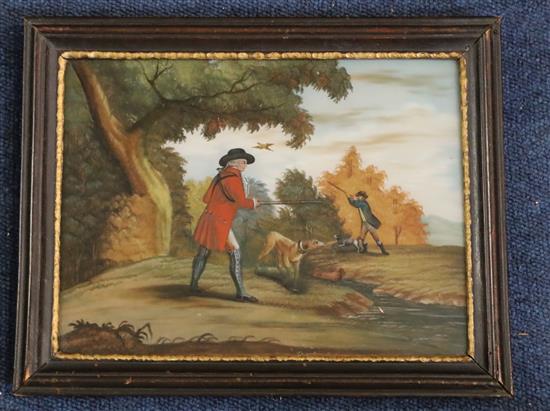 After Samuel Howitt, an early 19th century reverse painting on glass, Sportsmen shooting pheasant, 7 x 9.5in.